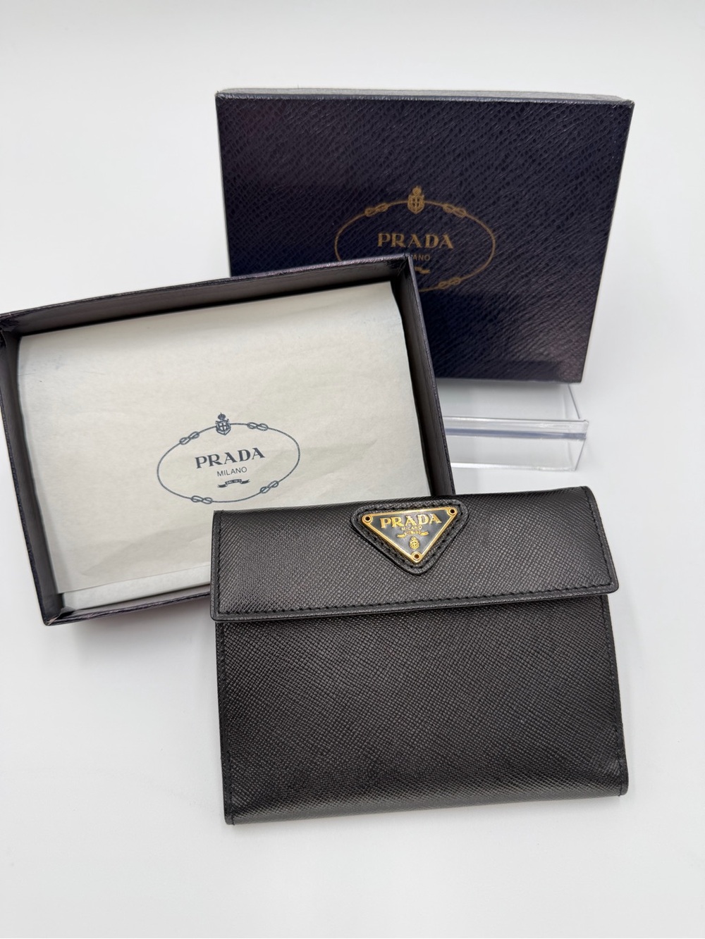 Prada Black Saffiano Leather Compact Wallet with Gold Logo New In Box w/COA